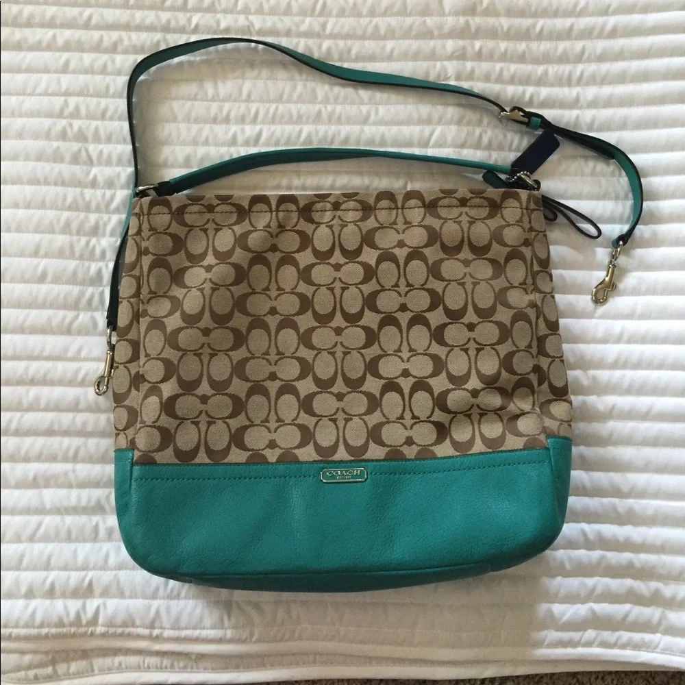Coach Park Convertible Hobo Signature Jacquard and Teal Leather Crossbody Bag